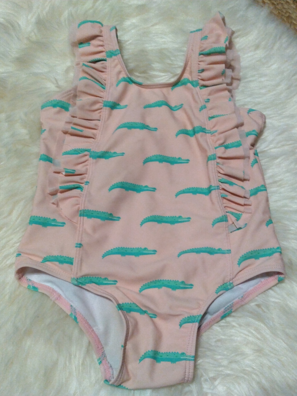 Stitchy Fish St Augustin Pink Ruffle One-Piece Swimsuit w/ Green Alligator Print